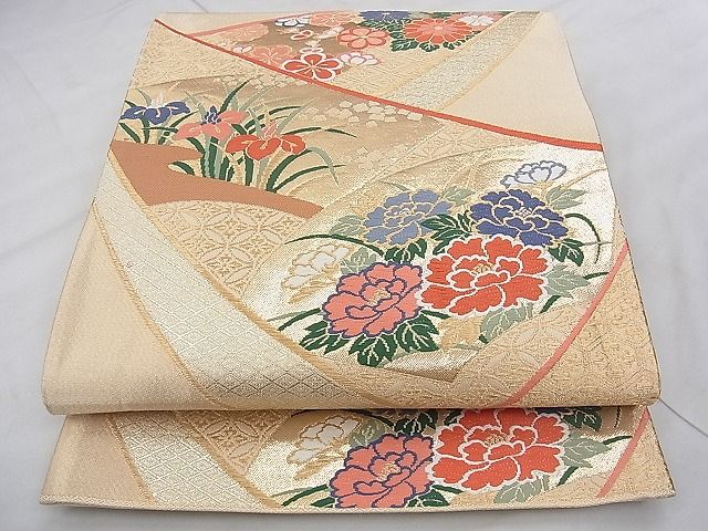 平和屋着物◎六通柄袋帯 唐織 熨斗地紙花文 金糸 逸品 BAAI5768qt