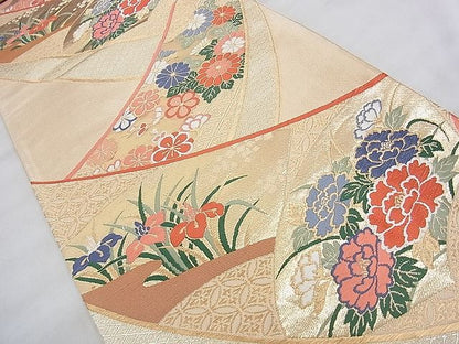 平和屋着物◎六通柄袋帯 唐織 熨斗地紙花文 金糸 逸品 BAAI5768qt