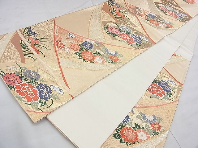 平和屋着物◎六通柄袋帯 唐織 熨斗地紙花文 金糸 逸品 BAAI5768qt
