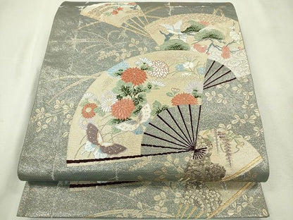 平和屋着物◎六通柄袋帯 扇面花鳥文 金糸 逸品 CAAE7451in