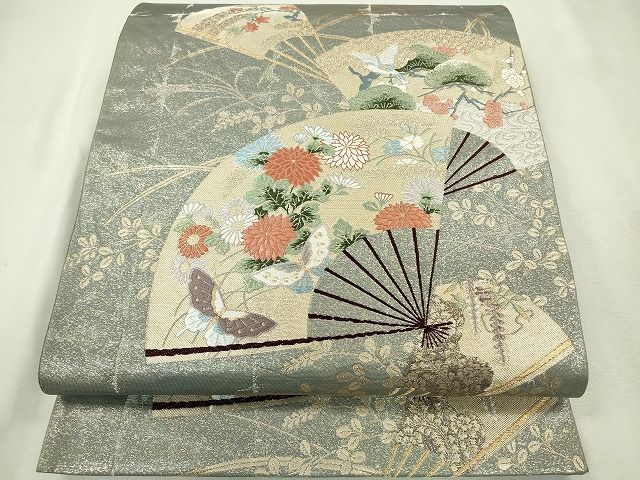 平和屋着物◎六通柄袋帯 扇面花鳥文 金糸 逸品 CAAE7451in