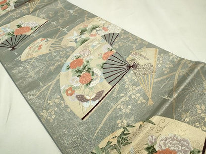 平和屋着物◎六通柄袋帯 扇面花鳥文 金糸 逸品 CAAE7451in