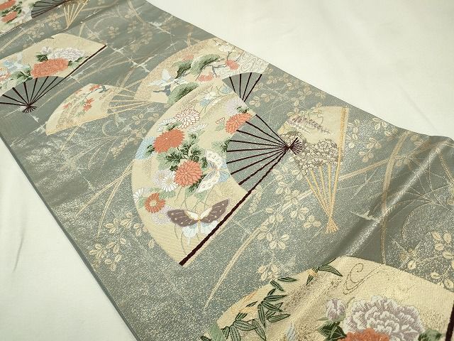 平和屋着物◎六通柄袋帯 扇面花鳥文 金糸 逸品 CAAE7451in