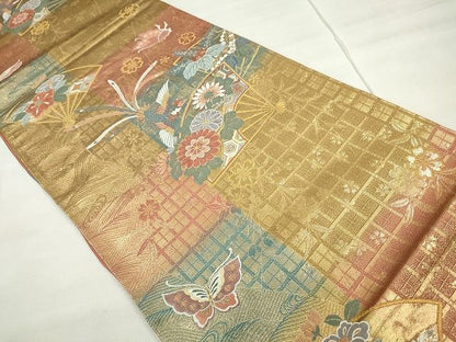 平和屋着物◎六通柄袋帯 舞扇格子文 金糸 逸品 CAAE7489in