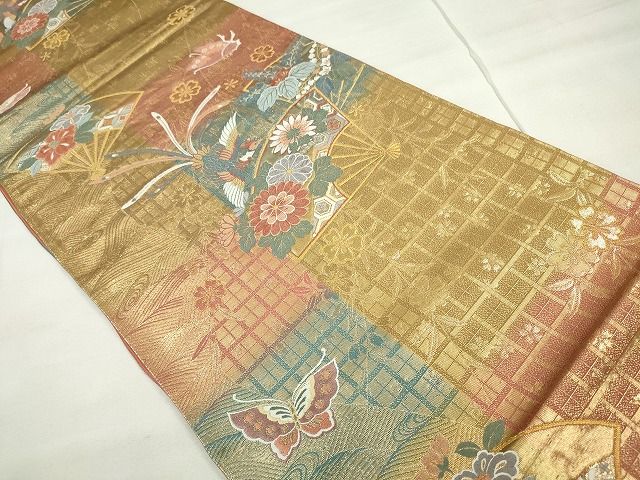 平和屋着物◎六通柄袋帯 舞扇格子文 金糸 逸品 CAAE7489in