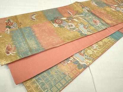 平和屋着物◎六通柄袋帯 舞扇格子文 金糸 逸品 CAAE7489in