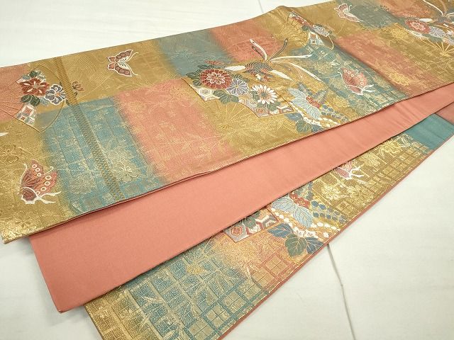 平和屋着物◎六通柄袋帯 舞扇格子文 金糸 逸品 CAAE7489in
