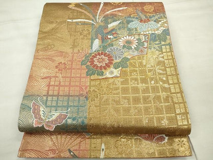 平和屋着物◎六通柄袋帯 舞扇格子文 金糸 逸品 CAAE7489in