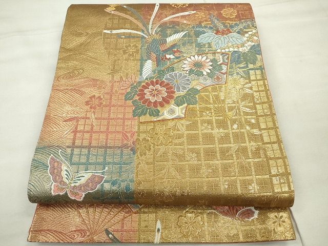 平和屋着物◎六通柄袋帯 舞扇格子文 金糸 逸品 CAAE7489in