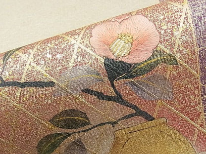 平和屋着物◎太鼓柄袋帯 手描き 刺繍 椿 金彩 引箔 逸品 BAAI9451sa