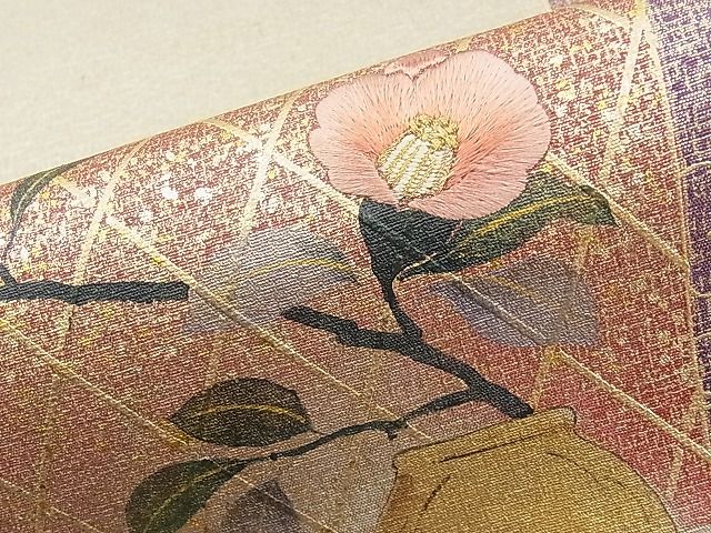 平和屋着物◎太鼓柄袋帯 手描き 刺繍 椿 金彩 引箔 逸品 BAAI9451sa