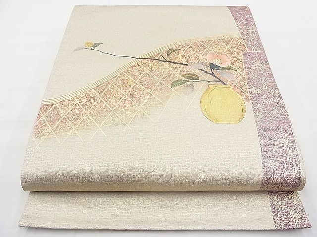 平和屋着物◎太鼓柄袋帯 手描き 刺繍 椿 金彩 引箔 逸品 BAAI9451sa