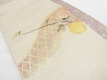 平和屋着物◎太鼓柄袋帯 手描き 刺繍 椿 金彩 引箔 逸品 BAAI9451sa