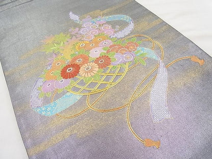 平和屋着物◎太鼓柄袋帯 駒刺繍 熨斗花籠文 むらさき虫謹製 手織本引箔 逸品 BAAI9485sa