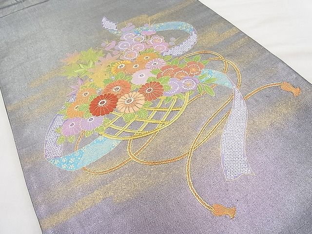 平和屋着物◎太鼓柄袋帯 駒刺繍 熨斗花籠文 むらさき虫謹製 手織本引箔 逸品 BAAI9485sa