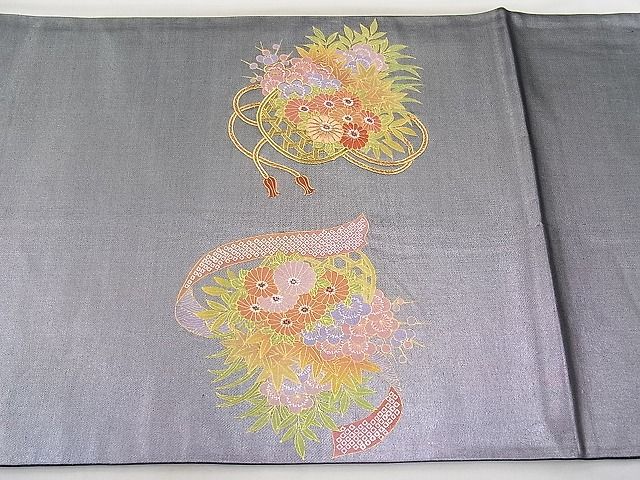 平和屋着物◎太鼓柄袋帯 駒刺繍 熨斗花籠文 むらさき虫謹製 手織本引箔 逸品 BAAI9485sa