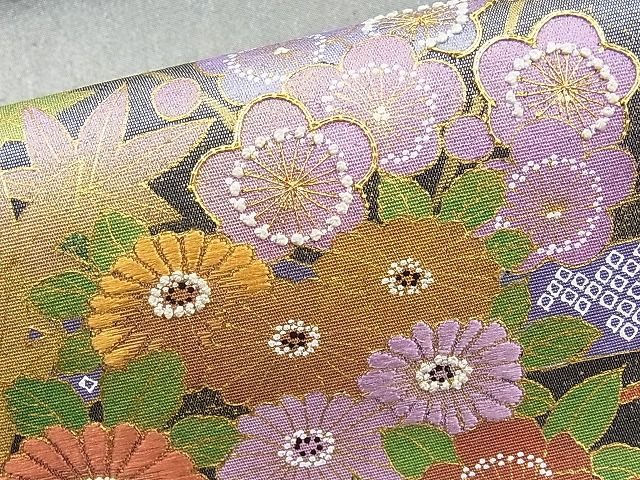 平和屋着物◎太鼓柄袋帯 駒刺繍 熨斗花籠文 むらさき虫謹製 手織本引箔 逸品 BAAI9485sa