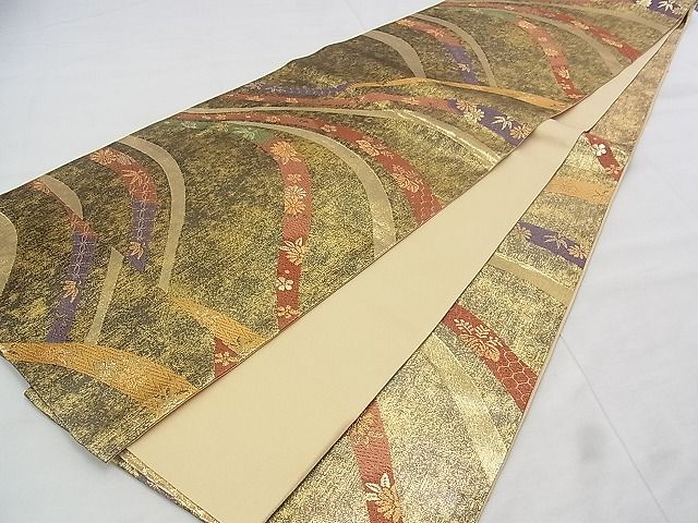 平和屋着物◎六通柄袋帯 唐織 立波草花文 金糸 逸品 BAAJ0611if