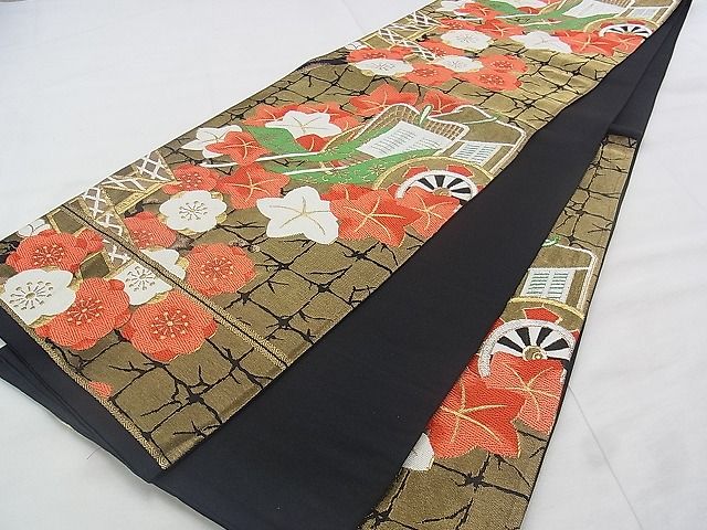 平和屋着物◎六通柄袋帯 唐織 御所車梅楓文 黒地 金銀糸 逸品 BAAJ0636if