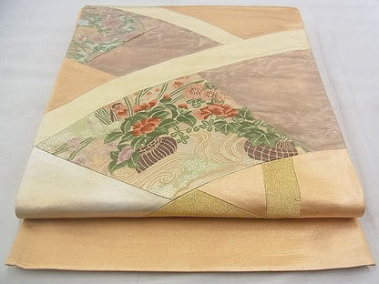 平和屋着物◎太鼓柄袋帯 唐織 切嵌 流水花籠文 金糸 逸品 BAAJ0626if