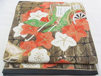 平和屋着物◎六通柄袋帯 唐織 御所車梅楓文 黒地 金銀糸 逸品 BAAJ0636if