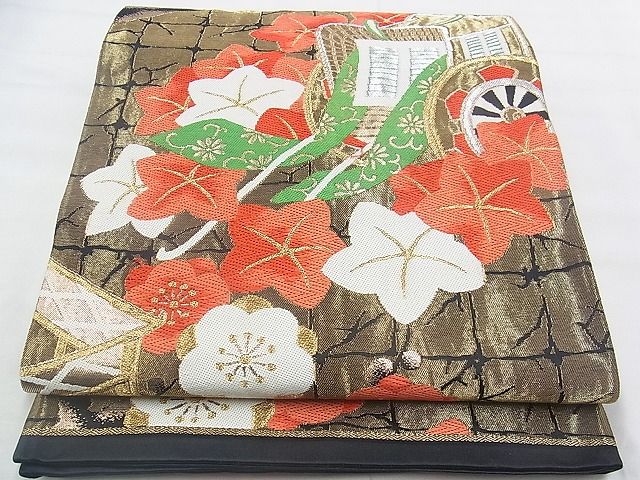 平和屋着物◎六通柄袋帯 唐織 御所車梅楓文 黒地 金銀糸 逸品 BAAJ0636if