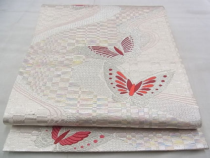 平和屋着物◎六通柄袋帯 唐織 舞蝶文 銀糸 逸品 BAAJ0654if