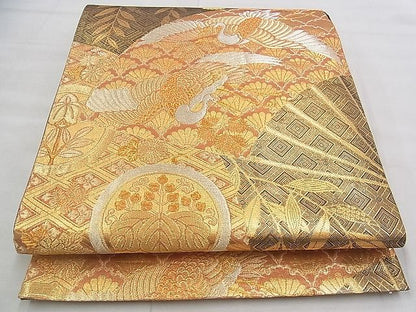 平和屋着物◎六通柄袋帯 扇面吉祥文 松喰鶴 黒地 金銀糸 逸品 BAAJ1044if