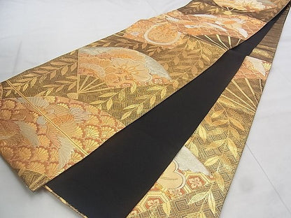 平和屋着物◎六通柄袋帯 扇面吉祥文 松喰鶴 黒地 金銀糸 逸品 BAAJ1044if