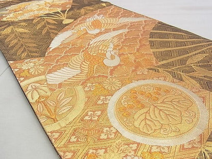 平和屋着物◎六通柄袋帯 扇面吉祥文 松喰鶴 黒地 金銀糸 逸品 BAAJ1044if