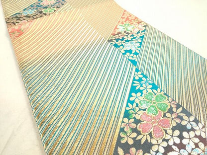 平和屋着物◎六通柄袋帯 斜縞舞桜文 金糸 逸品 DAAH9776tw