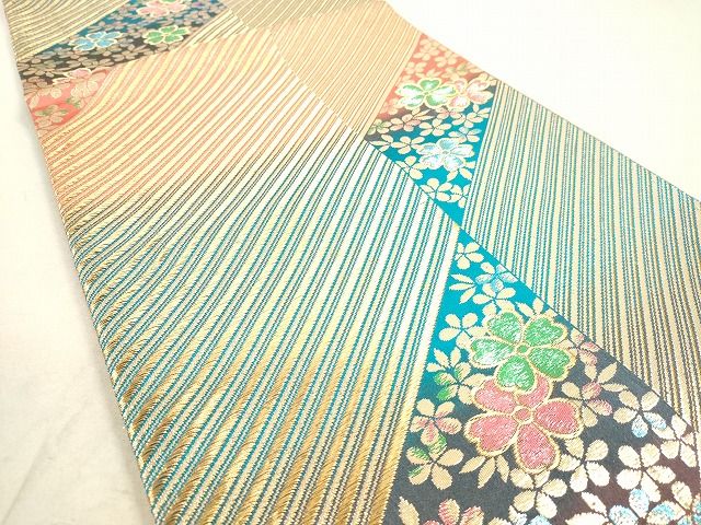 平和屋着物◎六通柄袋帯 斜縞舞桜文 金糸 逸品 DAAH9776tw