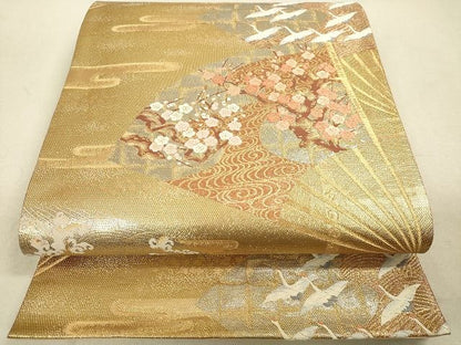平和屋着物◎六通柄袋帯 扇面飛鶴花文 金糸 逸品 DAAH9777tw