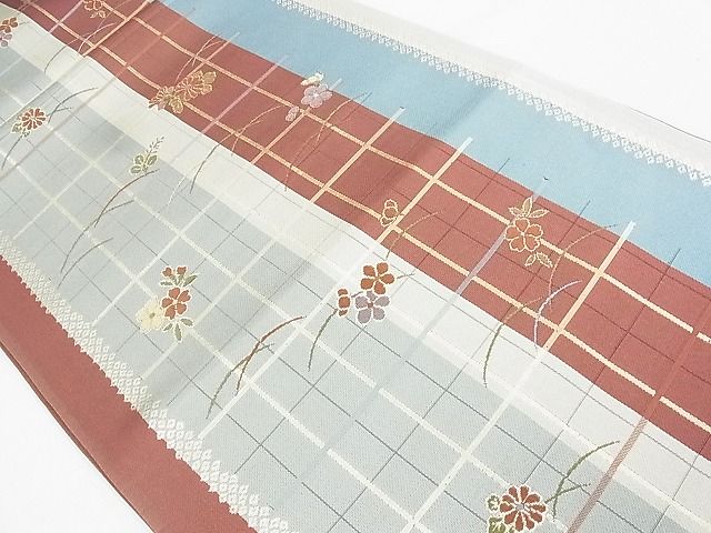 平和屋着物◎西陣 六通柄袋帯 唐織 格子草花文 金糸 逸品 BAAJ5546ns