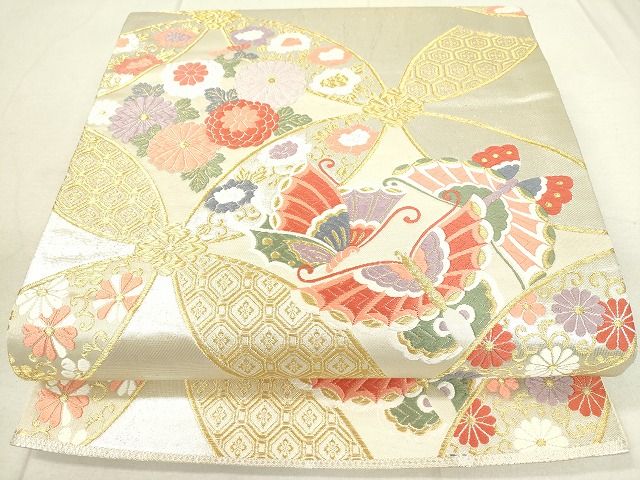 平和屋着物◎六通柄袋帯 舞蝶吉祥草花文 金銀糸 逸品 DAAH0968cm