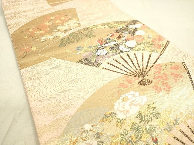 平和屋着物◎六通柄袋帯 扇面鴛鴦花文 金糸 逸品 DAAH9799tw