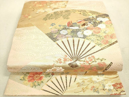 平和屋着物◎六通柄袋帯 扇面鴛鴦花文 金糸 逸品 DAAH9799tw