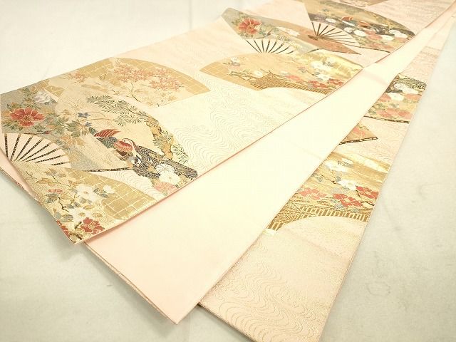 平和屋着物◎六通柄袋帯 扇面鴛鴦花文 金糸 逸品 DAAH9799tw