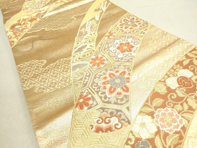 平和屋着物◎六通柄袋帯 草花文 金糸 逸品 DAAH1444cm