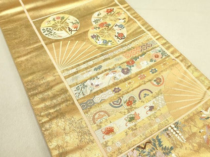平和屋着物◎六通太鼓柄袋帯 唐織 扇面飛鶴花文 金糸 引箔 逸品 DAAH4875yyy