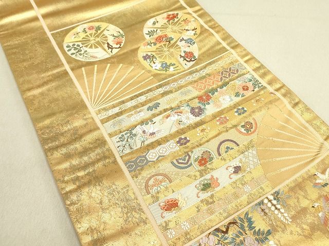 平和屋着物◎六通太鼓柄袋帯 唐織 扇面飛鶴花文 金糸 引箔 逸品 DAAH4875yyy