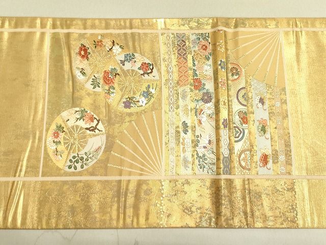 平和屋着物◎六通太鼓柄袋帯 唐織 扇面飛鶴花文 金糸 引箔 逸品 DAAH4875yyy
