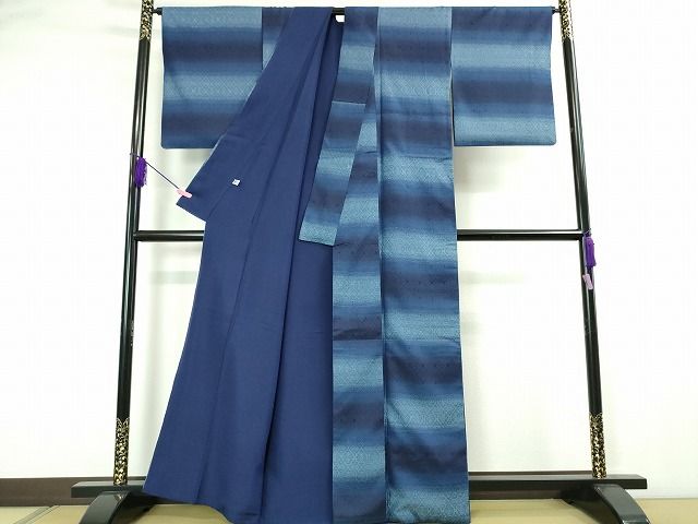 平和屋本店■超希少　日本工芸会正会員　秋山眞和　綾の手紬　手織　本藍染　逸品　DZAA6039kh5