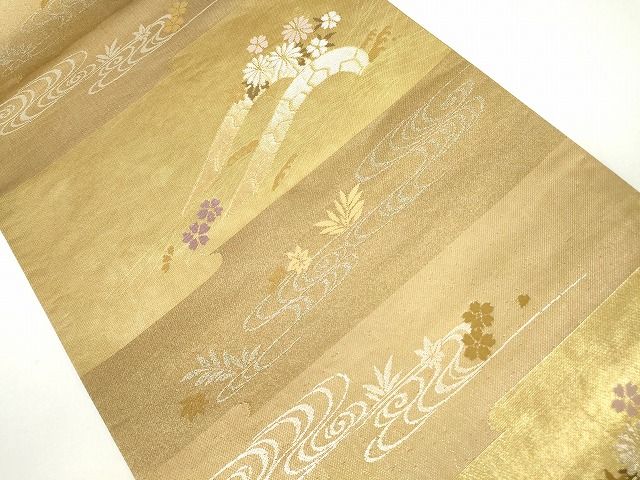 平和屋着物◎六通柄袋帯 片輪車風景花文 金銀糸 引箔 逸品 DAAH0350ya
