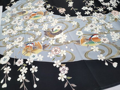 平和屋本店●極上 訪問着 駒刺繍 夜桜 鴛鴦 黒地 銀彩 逸品 CYAA0641s4