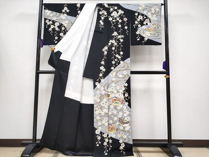 平和屋本店●極上 訪問着 駒刺繍 夜桜 鴛鴦 黒地 銀彩 逸品 CYAA0641s4
