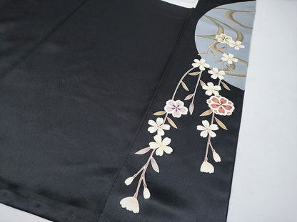 平和屋本店●極上 訪問着 駒刺繍 夜桜 鴛鴦 黒地 銀彩 逸品 CYAA0641s4