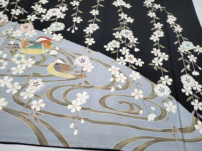 平和屋本店●極上 訪問着 駒刺繍 夜桜 鴛鴦 黒地 銀彩 逸品 CYAA0641s4