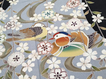 平和屋本店●極上 訪問着 駒刺繍 夜桜 鴛鴦 黒地 銀彩 逸品 CYAA0641s4