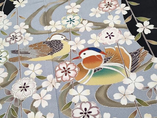 平和屋本店●極上 訪問着 駒刺繍 夜桜 鴛鴦 黒地 銀彩 逸品 CYAA0641s4